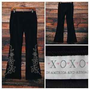 XOXO Vintage Pants 7 Faux Suede Flare Leg Embroidered Low Rise Zip Back Y2K USA